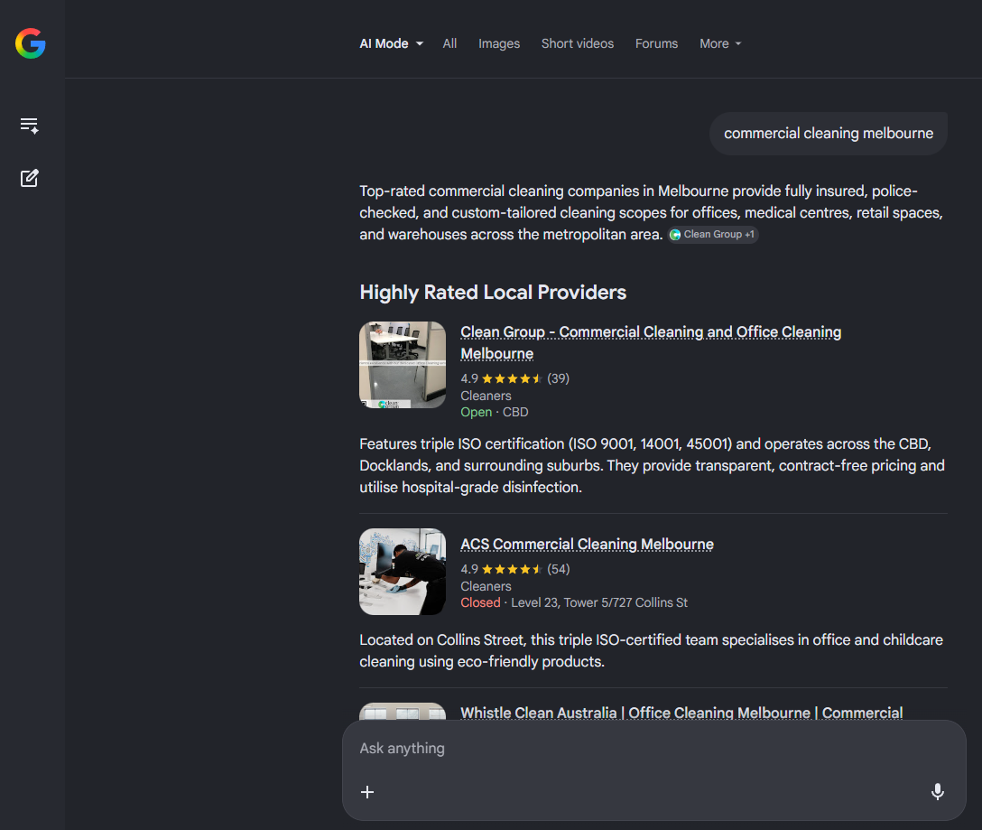 Google AI Mode showing Map Pack listings