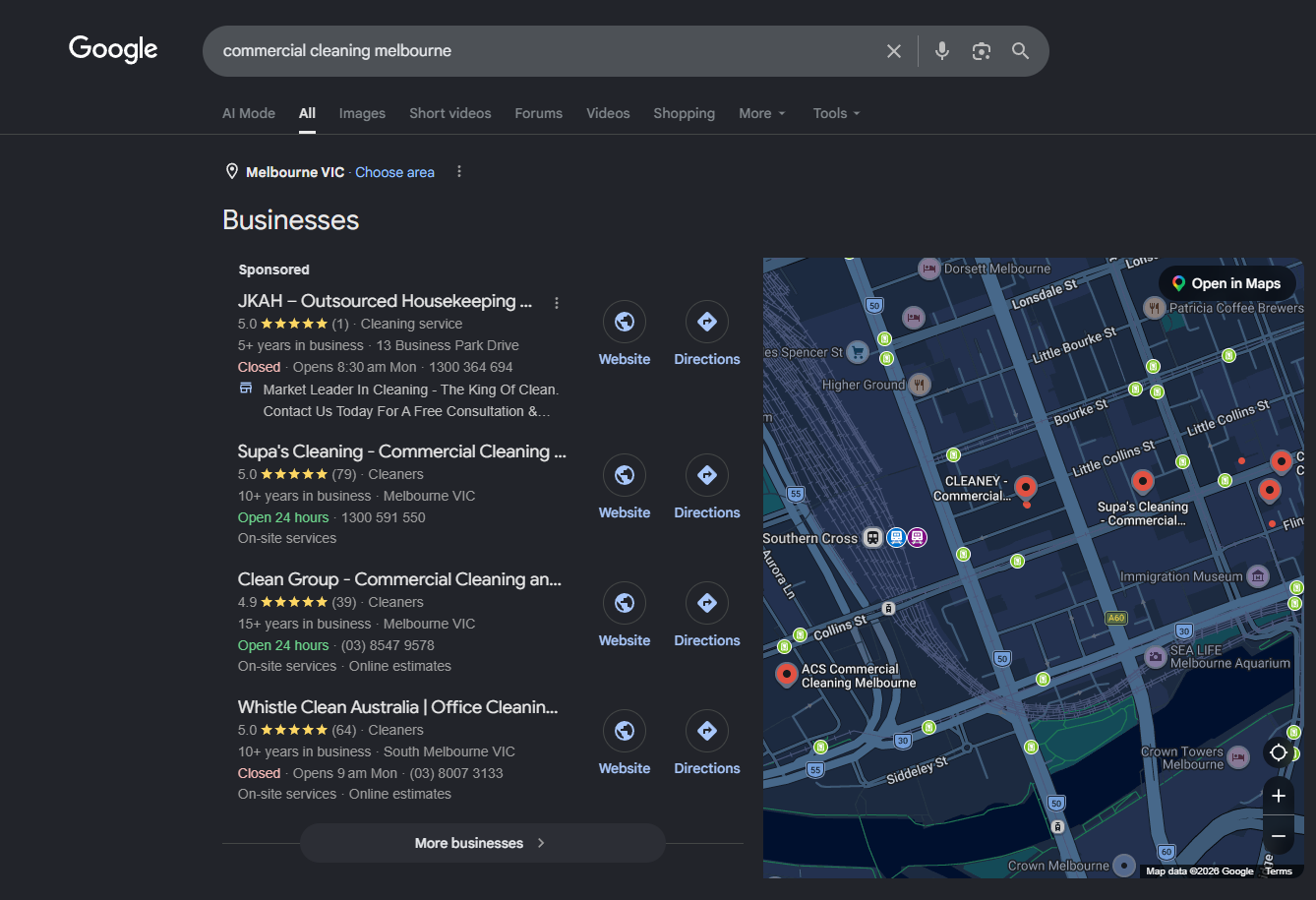 Google search results showing the Map Pack above website links